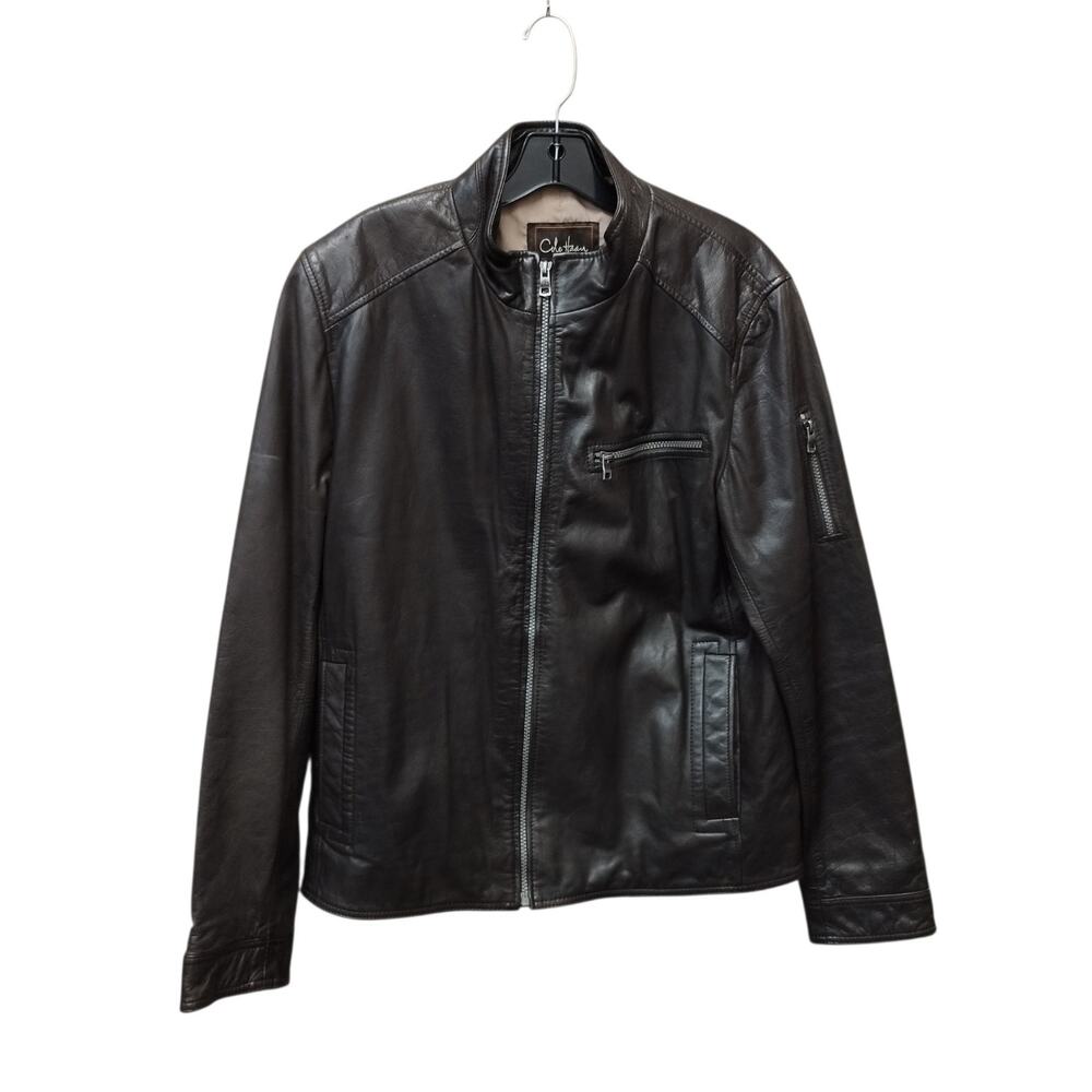 Cole Haan Men Leather Moto Racer Jacket Medium Brown Biker Rugged Classic Layers